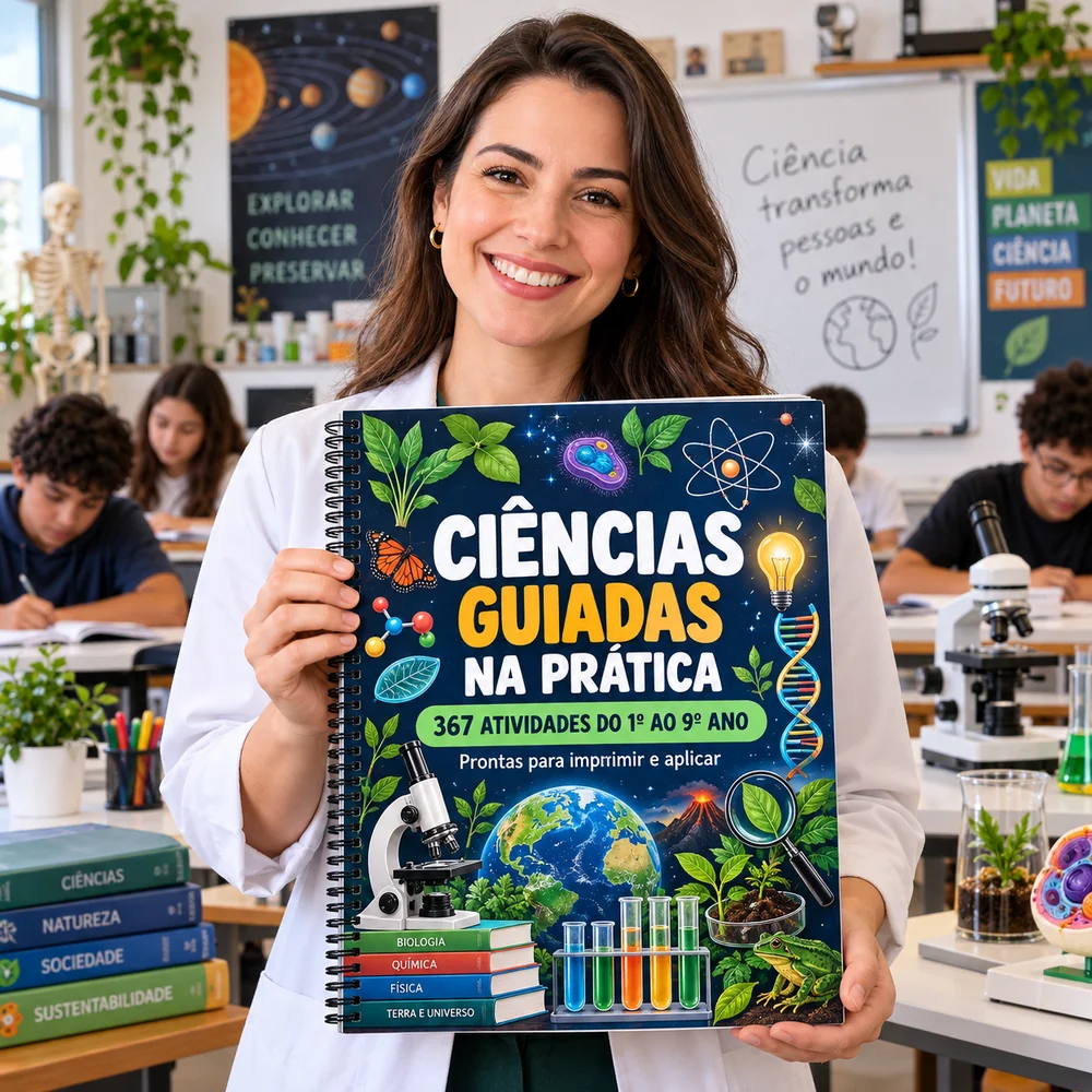Professora segurando o material +367 Práticas Guiadas de Ciências